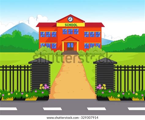 Cartoon School Building With Green Yard