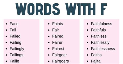 Words That Start With F List Of 230 F Words In English With ESL