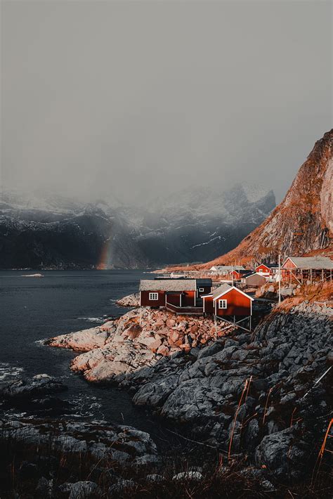 8k 무료 다운로드 자연 주택 산 무지개 안개 노르웨이 작은 집 로포텐 제도 Hd 전화 배경 화면 Pxfuel