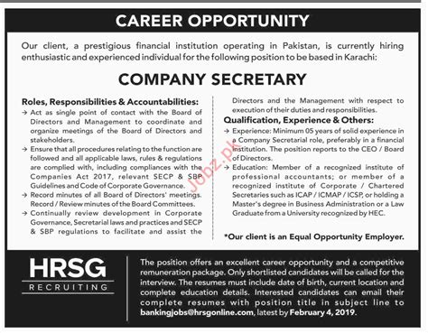 Company Secretary Jobs at HRSG Recruiting 2021 Job Advertisement Pakistan