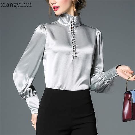 Discount Womens Blouses And Shirts Office Lady Satin Silk Blouse Women Vintage Turtleneck Long