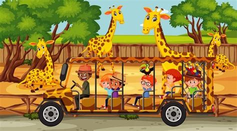 Premium Vector Children On Tourist Car Watching Leopard Group In The