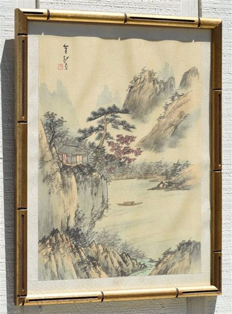 Vintage Chinese Hand Painted Silk Scroll Painting Mountain Landscape