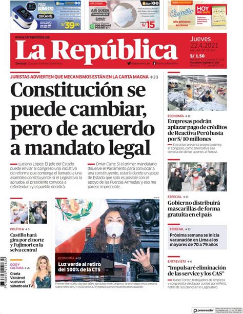 Periódico La Republica Perú Periódicos De Perú Edición De Jueves