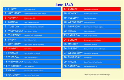 June 1849 Roman Catholic Saints Calendar