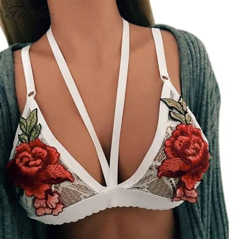 Febelle White Floral Embroidery Lace Bralette Sexy Black Triangle Unpadded Bra Brassiere Summer