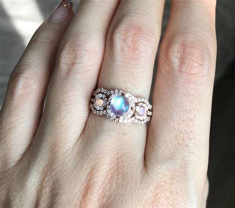 Vintage Moonstone Engagement Ring Set Three Stone Rainbow Moonstone