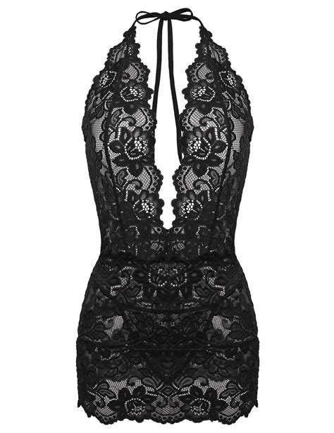 Gladiolus Lingerie For Women Lace Teddy Sexy Deep V Halter Open Back