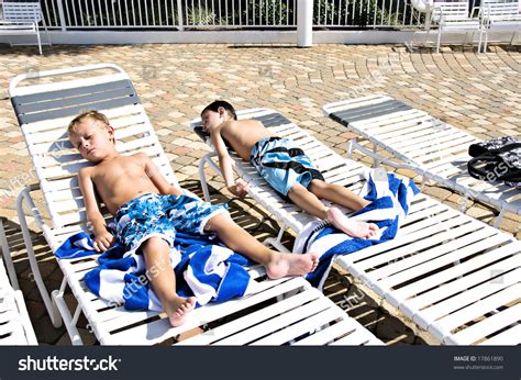 Two Little Boys Sunbathing Lying Lounge Stock Photo 17861890 Shutterstock