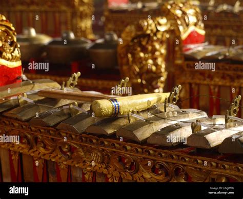 Gamelan Balinese Orchestra Musical Instruments Set Of Photos Scene