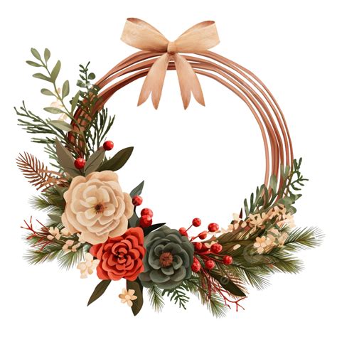 Christmas Boho Wood Wreath With Pine Branches Ribbon And Flowers