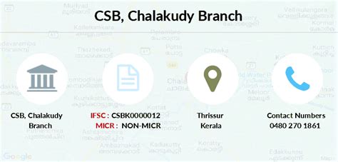 It is one of the oldest banks in india. CSB Chalakudy IFSC Code CSBK0000012