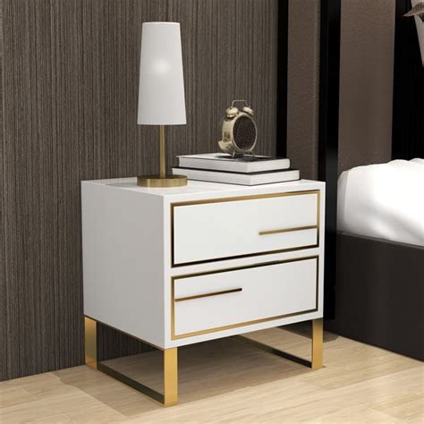 Modern White Nightstand Lacquered 2 Drawer With Golden Stainless Steel