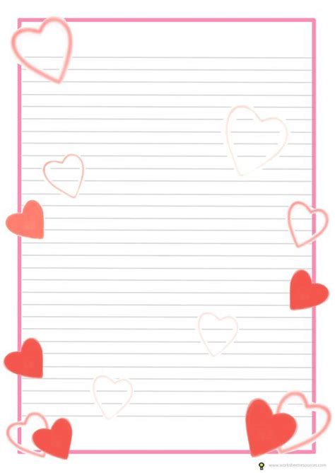 Lined Paper With Hearts In The Middle And Pink Border Around It On Top