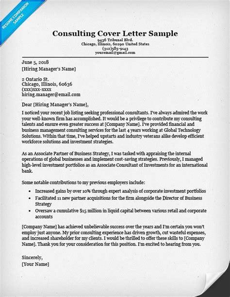 Consulting Cover Letter Sample And Writing Tips Resume Companion