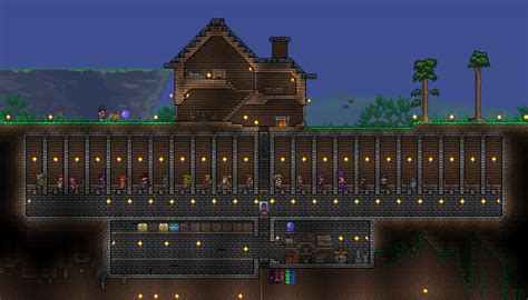 A base can be defined as a place to station your bedroom, your npcs, and your storage and crafting systems. My very early hardmode base is as dehumanizing as it is functional | Terraria house design ...