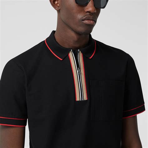 Icon Stripe Detail Cotton Zip Front Polo Shirt In Black Men