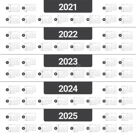 Year 2021 2022 2023 2024 2025 Calendar Vector Design Template Stock