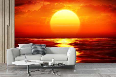 Red Sunset Wall Mural Ocean Seascape Photo Wallpaper Living Room