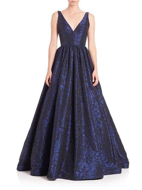 Lyst Ml Monique Lhuillier V Neck Floral Jacquard Gown In Blue