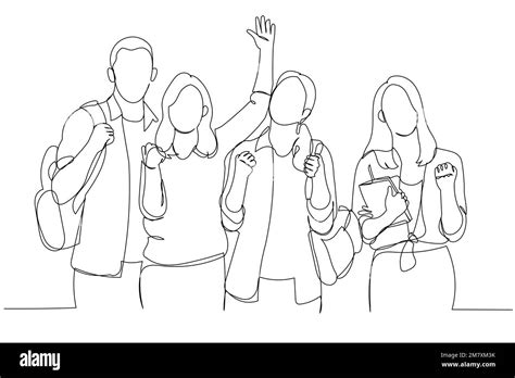 Drawing Of Group Of Happy Students Celebrating Success Posing And