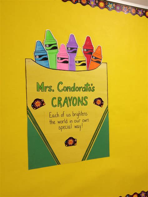 A Bulletin Board With Crayons On It In Front Of A Yellow Wall And