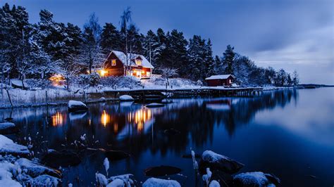 Night Cabin Sweden Snow Winter Landscape Space