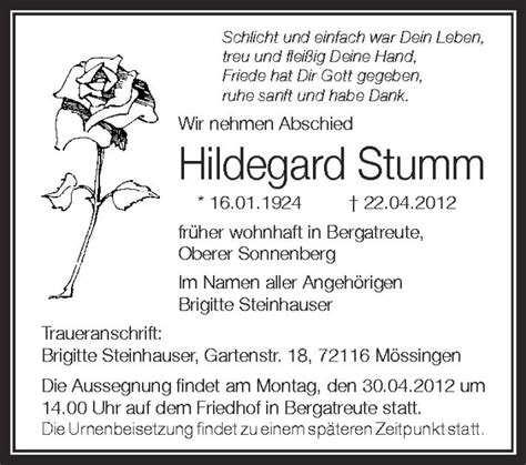 Traueranzeigen Von Hildegard Stumm Schwaebische De Trauerportal My