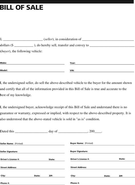 Generic Auto Bill Of Sale Form Free Printable Free Car Bill Of Sale