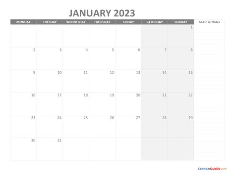 January Monday Calendar 2023 With Notes Calendar Quickly