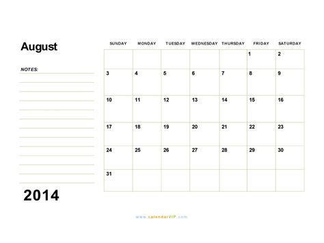 August 2014 Calendar Blank Printable Calendar Template In Pdf Word Excel