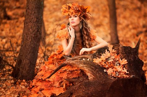Wallpaper Trees Forest Fall Leaves Women Outdoors Model Long