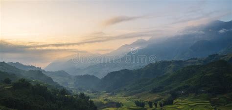 Dramatic Sunset Over Mountain Landscape Beautiful Landscape Foggy