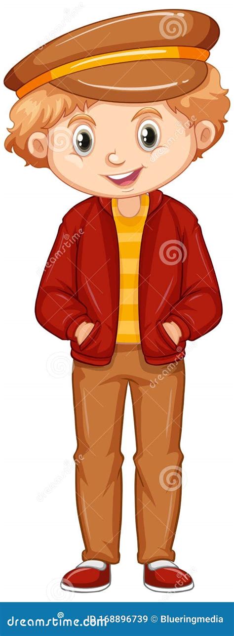 Boy Wearing Hat And Red Jacket On White Background Stock Vector