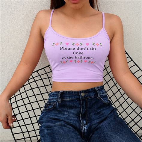 Letter Print Spaghetti Strap Cropped Tops Sexy Women Summer Tops Purple