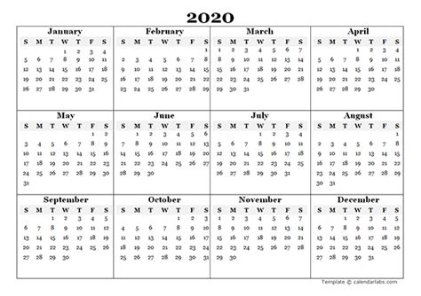 2020 Blank Yearly Calendar Template Free Printable Templates