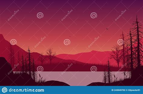 Stunning Mountain View From Riverside At Sunset With Dry Pine Tree