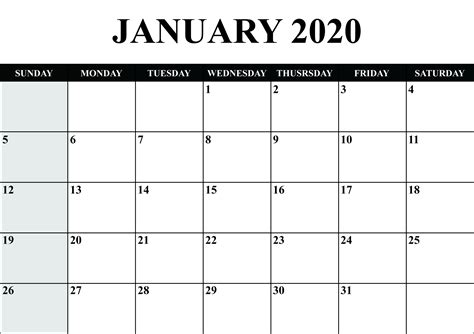January 2020 Calendar In Excel Calendar Template Printable
