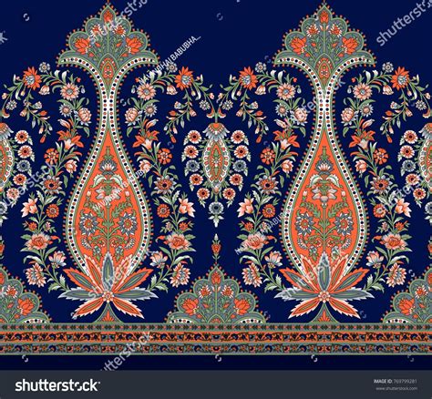 Seamless Traditional Indian Motif Paisley Art Border Embroidery