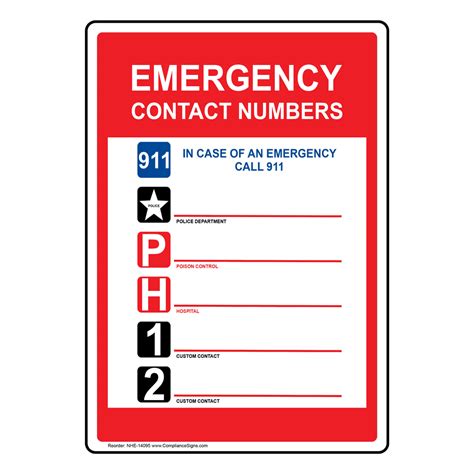 Emergency Contact Numbers 911 Sign Nhe 14095 Emergency Contact 911