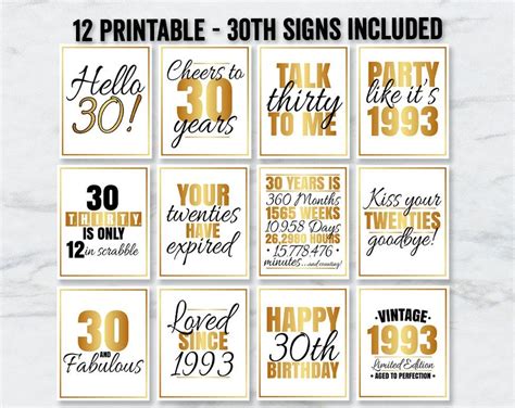 12 Printable 30th Birthday Signs In Gold And White With The Words