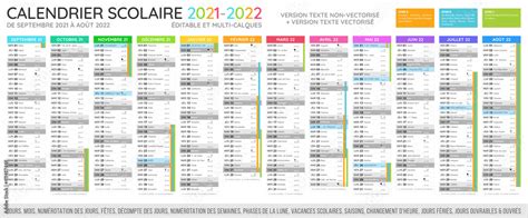 Calendrier Scolaire 2021 2022 Fichier éditable Et Multi Calques