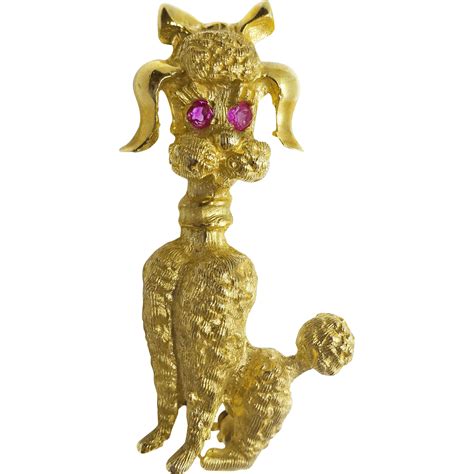 Vintage 14k Gold Figural Poodle Dog Pin Brooch With Ruby Eyes Signed