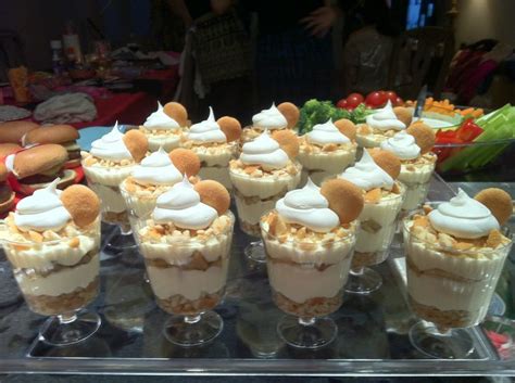 A dessert buffet is a great idea if you don't want to have a traditional wedding cake. Mini banana pudding cups. #dessert #bananapudding # ...
