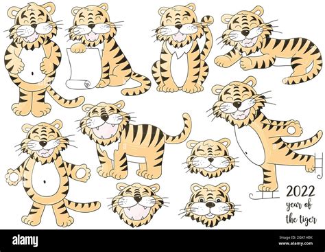 Set Of Pastel Tigers In Hand Draw Style Symbol Of Faces Of