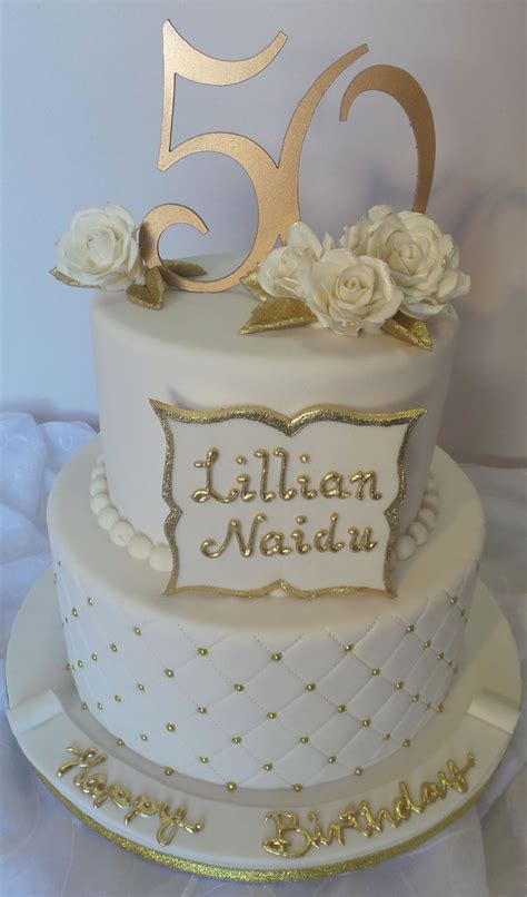 Elegant White And Gold 50th Two Tier Birthday Cake Tiered Birthday