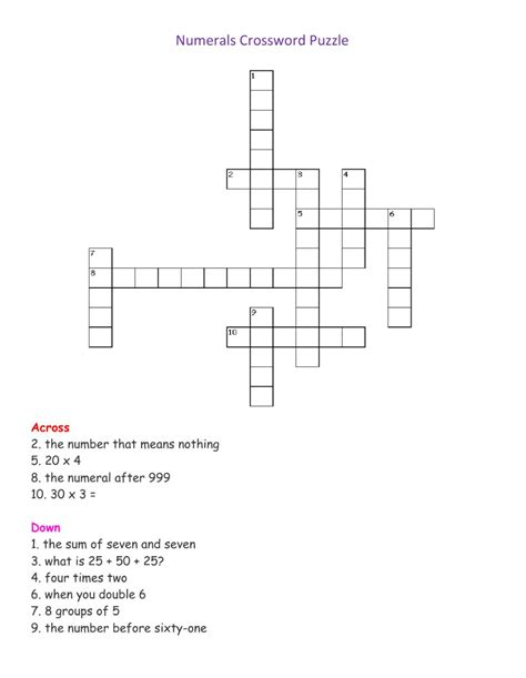 Numeral Crossword Puzzle Worksheet