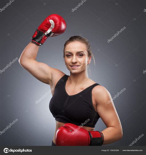 Smiling Woman Wearing Boxing Gloves ⬇ Stock Photo Image