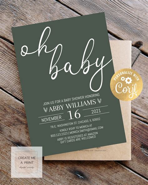Oh Baby Sage Set Editable Baby Shower Invitation Boho Sage Etsy