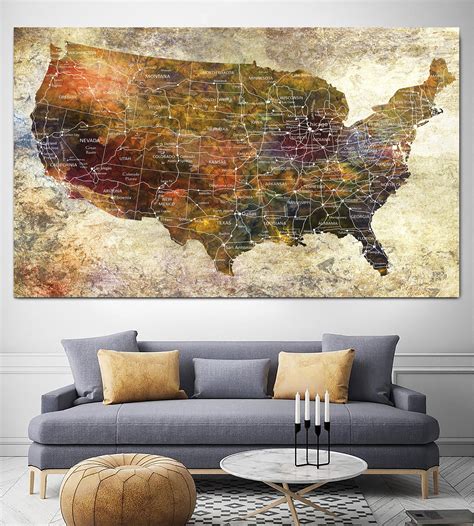 Usa Map Canvas Wall Art Push Pin Colorful American Map Multi Etsy